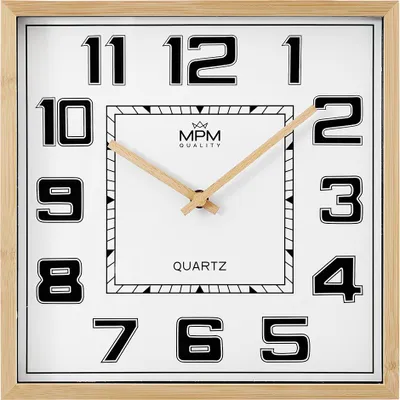 A square wall clock with a wooden frame and a white face displaying black numbers and clock hands.