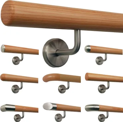 Produktbild von TIBU Lärche Holz Handlauf Geländer 0,3m - 5m, Länge 90 cm, Ende Radius gefräst und 2 gewinkelte Halter