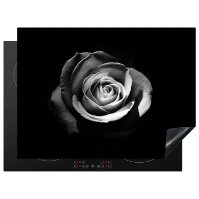 Produktbild von KitchenYeah© Herdabdeckplatte Blumen - Schwarz - Rose - Weiß - Botanisch , 71x52cm, Küche Deko, Glaskeramikkochfeld Herdabdeckung, Abdeckplatte fùr Kochfeld