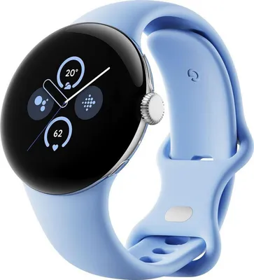 A Google Pixel Watch 2 with a blue band is shown against a white background.