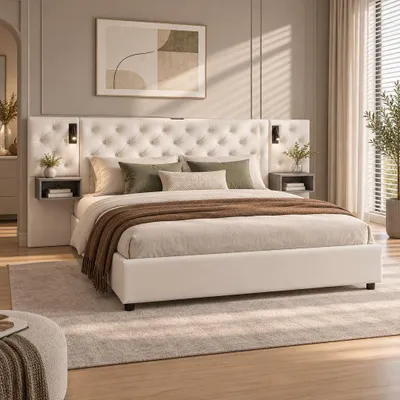 Productafbeelding van INONEFT Gestoffeerd tweepersoonsbed, bedframe 140x200 cm met LED-verlichting en USB-poorten, bed met opbergruimte, 2 nachtkastjes en hydraulische opbergruimte, fluweelbedframe, beige