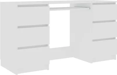 A white vanity desk with drawers against a white background.