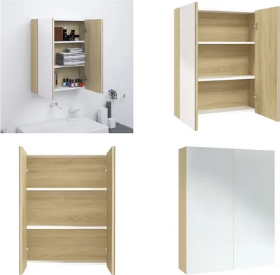 Immagine prodotto di vidaXL Armadio a specchio per il bagno 60x15x75 cm in MDF bianco e rovere - Armadio a specchio - Armadietti per il bagno - Armadietti per il bagno