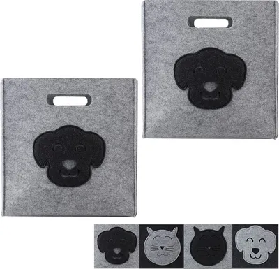 Produktbild von SILUK Filzkorb Korb Ordnungsbox Kinder Aufbewahrungsbox Spielzeugkiste für Kinderzimmer Spielzeug Faltbar (33x33x33) Aufbewahrung im Kallax Regal (Grau, 2 x Hund)