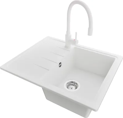 A white kitchen sink with a white faucet and drain assembly, isolated on a white background.