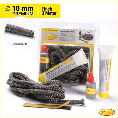 Produktbild von Temprix Kamindichtung & Ofendichtung Ø 10 mm Premium - 3 Meter inkl. Kleber | feuerfeste Ofenschnur, Kaminschnur & Dichtband bis 650°C temperaturbeständig | Dichtung für Kamin, Ofen & Grill