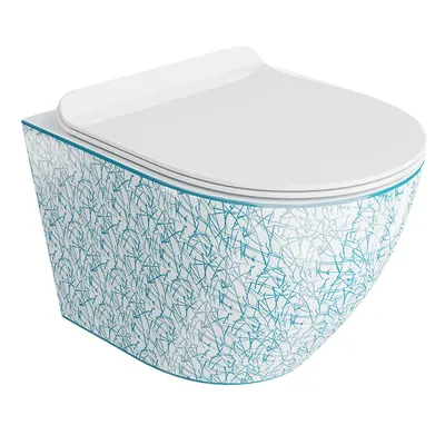 Produktbild von LAVITA Wand-WC Sofi Slim Kresz | HŠnge Toilette | Toilettendeckel mit Absenkautomatik & Metallscharniere | Toiletten SpŸlrandlos HŠngend | Toilettenbecken | 365x490x395 cm | Wei§/Blue