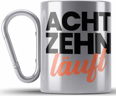 Produktbild von Trendation - 18. Geburtstag Edelstahl Tasse Karabiner Geschenk Mädchen Jungen Geschenkidee Lustig Spruch Sprüche 18 Geschenke Geschenkideen zum 18 Bday 18er (Silber)