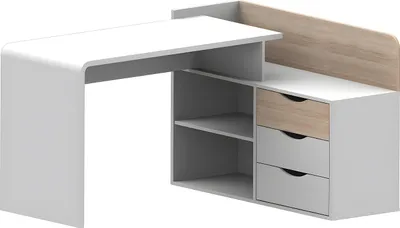 Produktbild von DECLAN II Eckschreibtisch - MDF - 3 Schubladen und 2 Nischen - Farbe: Weiß und Eiche