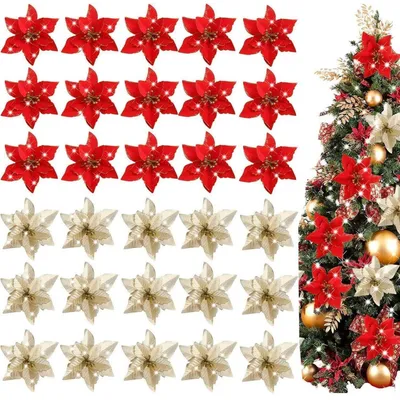 Productafbeelding van Kunstkerststerren, 30 stuks, goud, rood, glinsterend, diameter 14 cm
