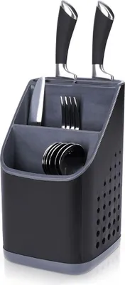 A black and gray utensil holder with knives and forks inside.
