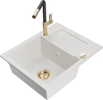 Produktbild von Mexen Enzo 1 Becken-Granitspüle mit Abtropffläche und Mischbatterie Flora, Weiß - 6506-20-670401-57-G