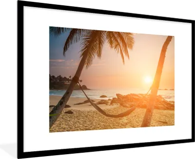 Produktbild von MuchoWow® Gerahmtes Poster Sommer - Sonnenuntergang - Hängematte 90x60 cm - Poster mit Schwarzem Bilderrahmen Wandposter Rahmen Foto Bilder - Wanddekoration - Fotos