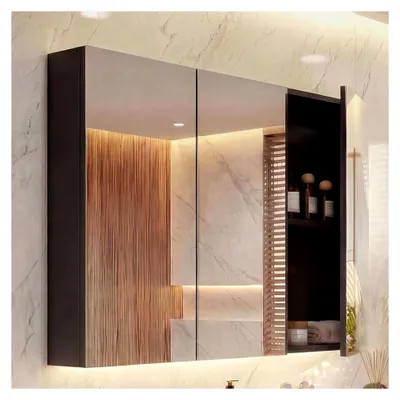 Produktbild von Spiegelschrank HWC-B19b, Badschrank Hängeschrank, 6 Regalböden Hochglanz - 70x80x16cm - schwarz