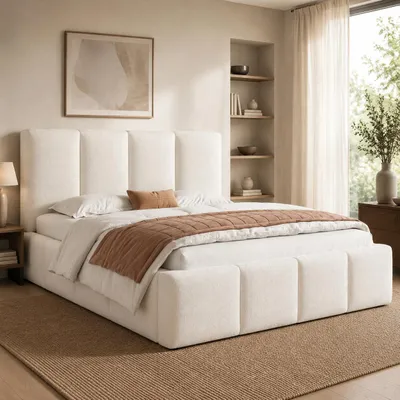 Obrázek produktu pro Čalouněná postel 180 × 200 cm, manželská postel s lamelovým roštem a čalouněným čelem, rám postele do ložnice, béžová buklé, Obrázek vytvořený pomocí AI