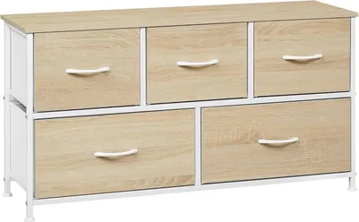 Produktbild von Kommode mit 5 Schubladen, Metallrahmen, Eiche hell und weiß | Helle Eiche + Weiß | 100x30x54 cm