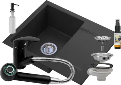 Produktbild von Granitan | Granitspüle TOP - 574x464 mm - Schwarz - Mit Küchenarmatur und Seifenspender
