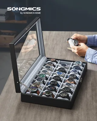 Produktbild von SONGMICS Uhrenbox, abschließbarer Uhrenkasten, Uhrenkoffer, Organizer für Uhren, mit 24 Fächern, Glasdeckel, Geschenk für die Liebsten, PolyurethanBezug in Schwarz, Samtfutter in Grau BWJ024