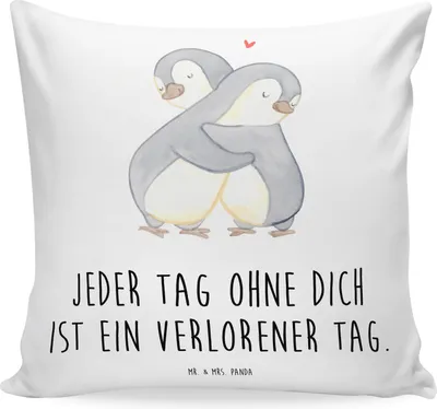Produktbild von Mr. & Mrs. Panda zier kissen Pinguine Kuscheln - Weiß - Geschenk, für Freundin, Kuschel, Dekokissen Sofa, Hochzeitstag, Weiches, Deko, Partner, Liebesbeweis, bedruckt