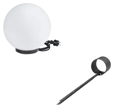 Image de Lampe de jardin en forme de boule, avec pique de sol, diamètre 25 cm, couleur blanche, incluant un câble de connexion de 3 mètres. Lampe de jardin, lampe en forme de boule, éclairage extérieur