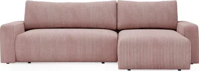 A pink corduroy sectional sofa shown from the front.