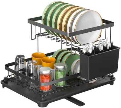 Zdjęcie produktu dla Unyqoos® – suszarka do naczyń – kompaktowy, dwupiętrowy model z obrotową wylewką (270°), czarna, wymiary: 34 x 22 x 26 cm, wykonana ze stali węglowej
