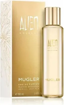 A perfume bottle and its packaging are displayed against a white background.