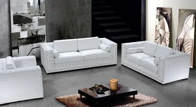 Obrázek produktu pro Kožená pohovka do obývacího pokoje, sestava: 3 místná pohovka + 2 křesla + 1 křeslo, moderní design, bílá barva, s dřevěnými prvky