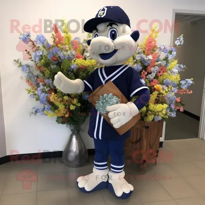 Immagine prodotto di Personaggio del costume della mascotte REDBROKOLY del mazzo di fiori della marina vestito con una maglietta da baseball e valigette