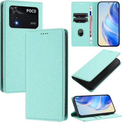 Produktbild von Litchi Leder Handyhülle für Xiaomi Poco M4 Pro 4G Wallet Kartenfächer Standfunktion Hülle Türkis
