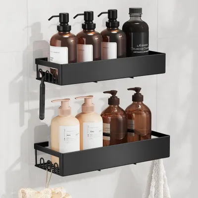 Image de Étagère de douche sans perçage, en acier inoxydable, lot de 2 | Noir | 12,5 x 31,5 x 5 cm