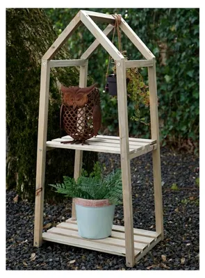 Produktbild von Blumenregal aus Holz in Natur - 76 x 36 cm - Pflanzentreppe mit 2 Ablagen