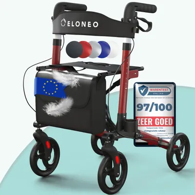 Productafbeelding van ELONEO inklapbare en lichte rollator met zitplaats, lichtgewicht reiskofferrolator van aluminium, loophulp met 8-voudige hoogteverstelling, inklapbaar in 3 standen