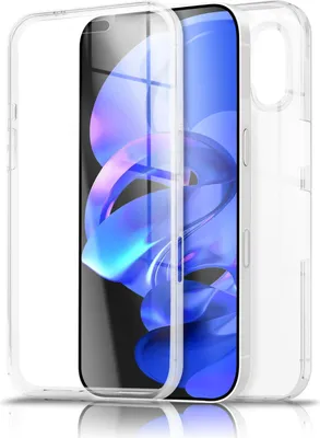 A clear protective case for a smartphone is shown, with the phone inside.