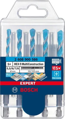 Zdjęcie produktu dla Bosch Expert HEX-9, Wiertarka, Wiertło do betonu, Reguła prawej dłoni, Beton, Plastik, Miękka płytka, Miękkie drewno, Stal, 5 szt., Diameter mm: 5.5 / 6.0 / 6.0 / 7.0 / 8.0 Working length mm: 60 / 60 / 60 / 60 / 50 Total length...