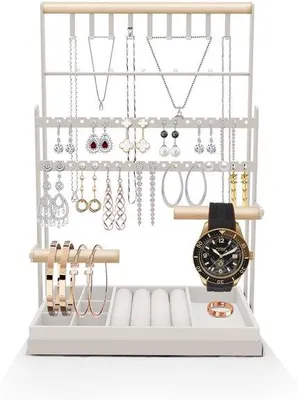 Productafbeelding van Sieradenstandaard met 4 niveaus - Fluwelen lade - Armband houder - Ringenhouder - Sieraden organizer - Voor kettingen, armbanden en oorbellen - Sieradenhouder