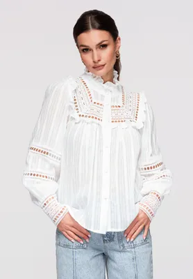 Produktbild von LARICA Damen Bluse Volantkragen Ajour Baumwolle Romantisch OW-SH-E0010 white S/M