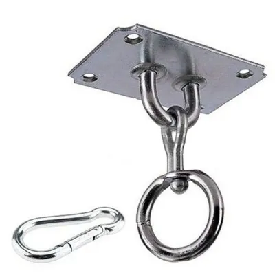 A metal ceiling mount with a ring and a carabiner clip, isolated on a white background.