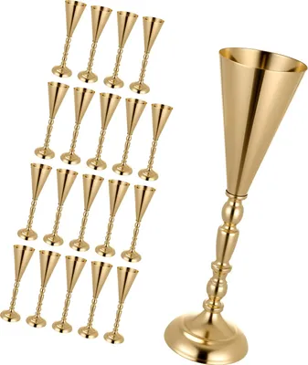 Zdjęcie produktu dla SucceBuy 20 sztuk wazonów ślubnych, dekoracje stołowe, wazony na kwiaty, wysokość 43 cm, metalowe wazony dekoracyjne ze stojakami na kwiaty, wazony w kształcie trąbki na ślub, przyjęcie, uroczystość jubileuszową i ceremonie, złote