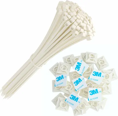 Produktbild von Set Kabelbinder 200mm x 2,5mm, weiß, 100 Stück und Klebesockel für Kabelbinder, 19mm x 19 mm, weiss - natur, 50 Stück von Intervisio