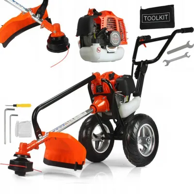 A product shot of a wheeled string trimmer and its components, laid out on a white background.