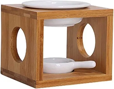 Produktbild von PolkaHome® Bambus-Keramik-Wachswärmer mit Teelichthalter – Aromatherapie-Diffuser für Yoga, Wohnzimmer, Schlafzimmer