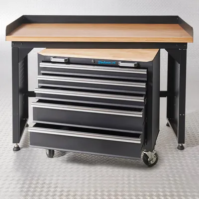 Produktbild von Werkbank mit Arbeitsplatte aus Eiche - 150 cm, schwarz und Werkzeugwagen mit 5 Schubladen