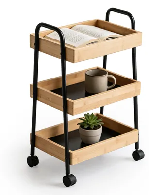 Obrázok produktu pre Vozík Relaxdays, 3 police, bambus a kov, rozmery: 73 x 45,5 x 28 cm, servírovací vozík do kúpeľne, kuchyne a obývacej izby, prírodná farba/čierna