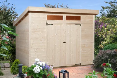 Produktbild von WEKA 325.3025.20410 Gartenhaus/Blockbohlenhaus Nova Plus mit Doppeltür/Doppelfenster ; Größe: 2 ; Farbgebung: Naturbelassen ; Wandstärke: 19 mm ; Maße (LxBxH): 299 cm x 250 cm x 235 cm ; Seitenwandhöhe: 186 cm