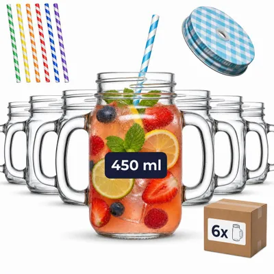 Produktbild von gouveo 6er Set Trinkgläser 450 ml mit Deckel blau, silberfarben - Trinkglas mit Henkel und Drehverschluss - Henkelgläser mit Deckel