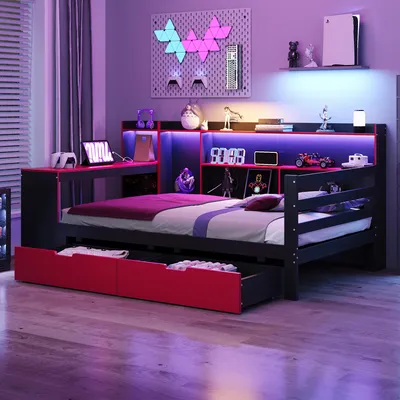 Obrázek produktu pro Merax dětská postel rozkládací 90x200cm s psacím stolem a policemi, dřevěná postel s LED osvětlením a zásuvkami, multifunkční postel se zásuvkami, černá+červená