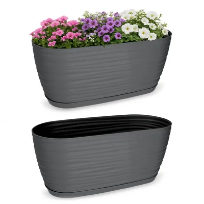 Produktbild von KADAX Blumentopf mit Untersetzer "Temara", Blumenkübel, Pflanztopf aus Kunststoff, Übertopf, oval, 27 cm, Anthrazit