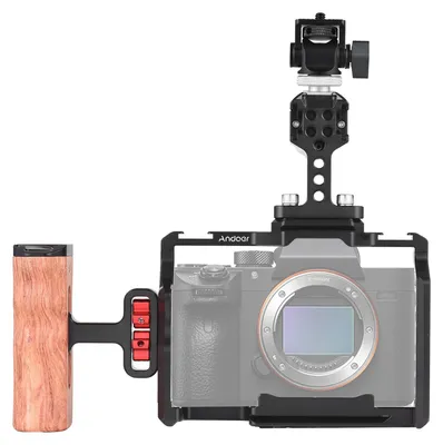 Zdjęcie produktu dla Zestaw klatki na aparat Andoer ze stopu aluminium zawierający klatkę na aparat + górny uchwyt + drewniany uchwyt + uchwyt na mini monitor do Sony A7R III/ A7 II/ A7III