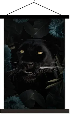 Produktbild von MuchoWow® Textilposter Panther - Blumen - Pflanzen 60x90 cm mit schwarzem Rahmen - Poster Wohnzimmer